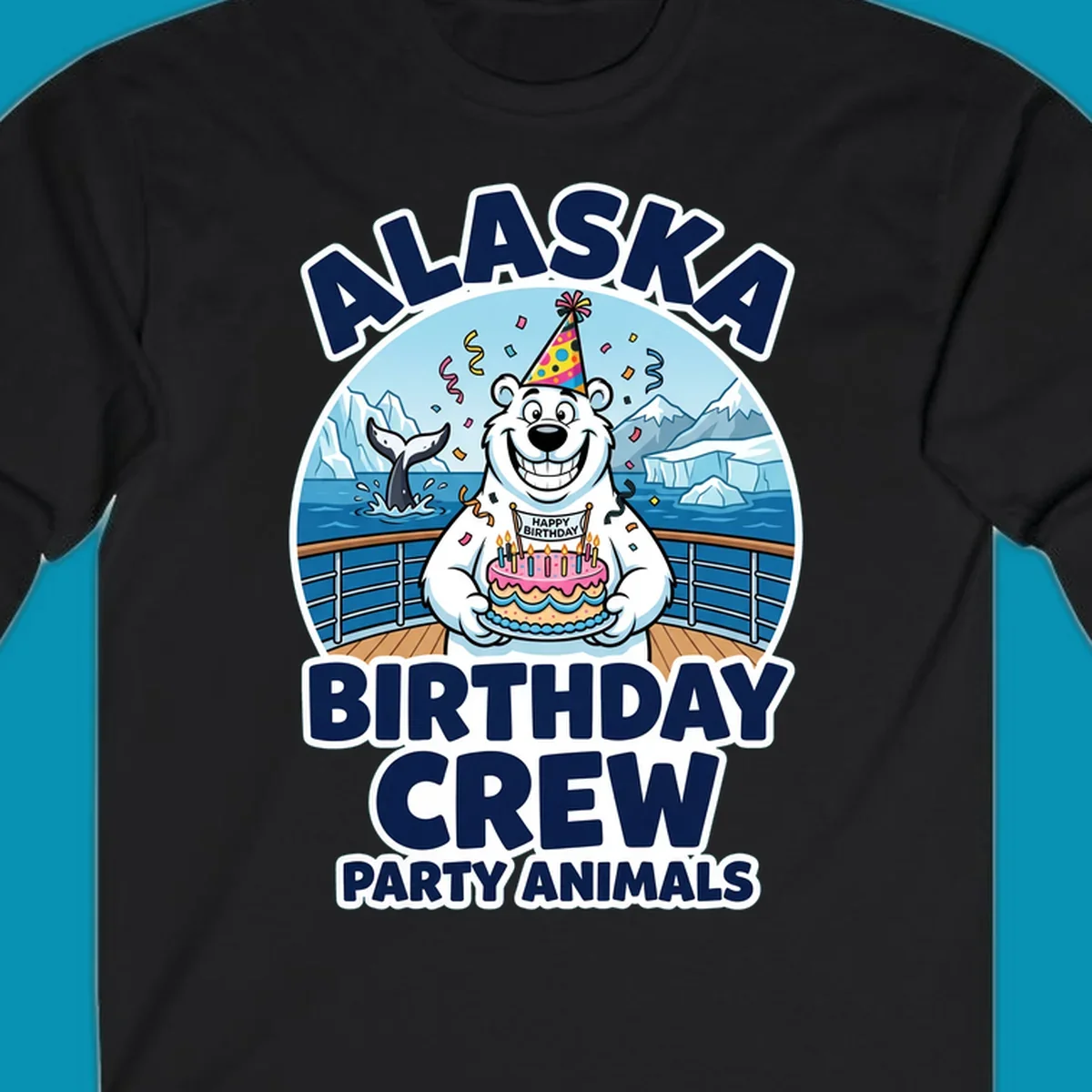 Smiling polar bear in party hat holding birthday cake on Alaska cruise ship deck with glaciers and whales