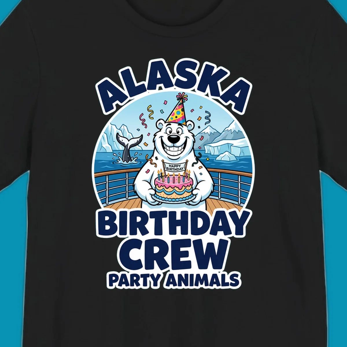Smiling polar bear in party hat holding birthday cake on Alaska cruise ship deck with glaciers and whales
