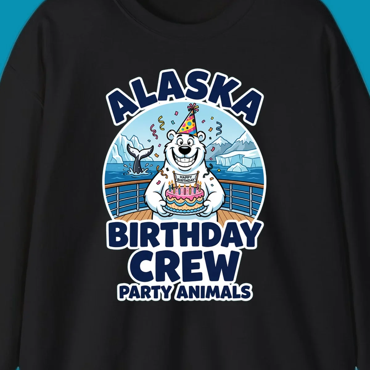 Smiling polar bear in party hat holding birthday cake on Alaska cruise ship deck with glaciers and whales