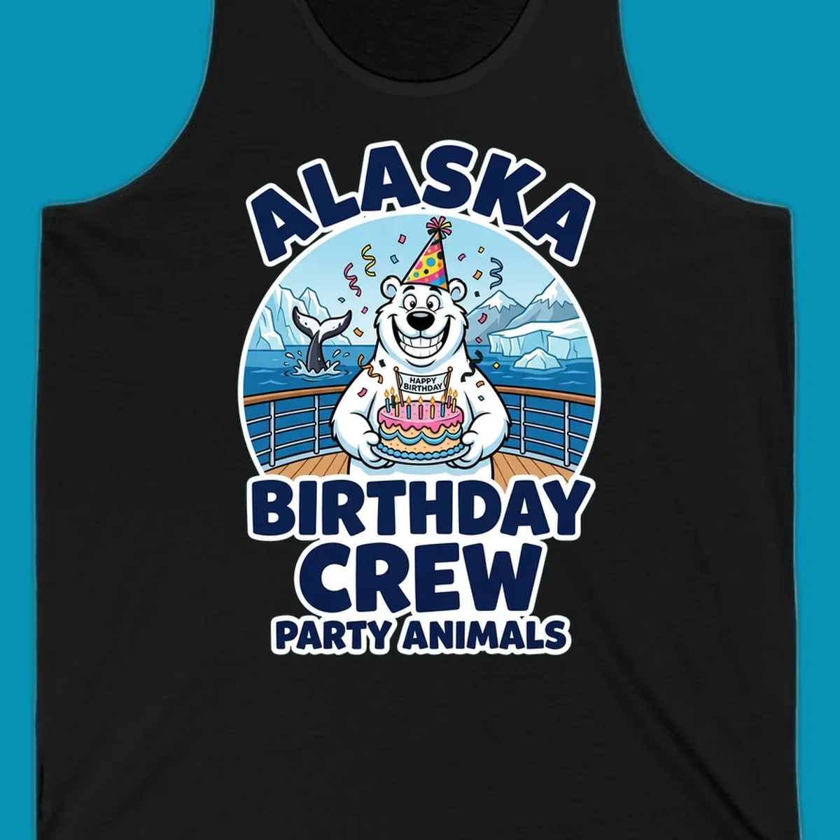Smiling polar bear in party hat holding birthday cake on Alaska cruise ship deck with glaciers and whales