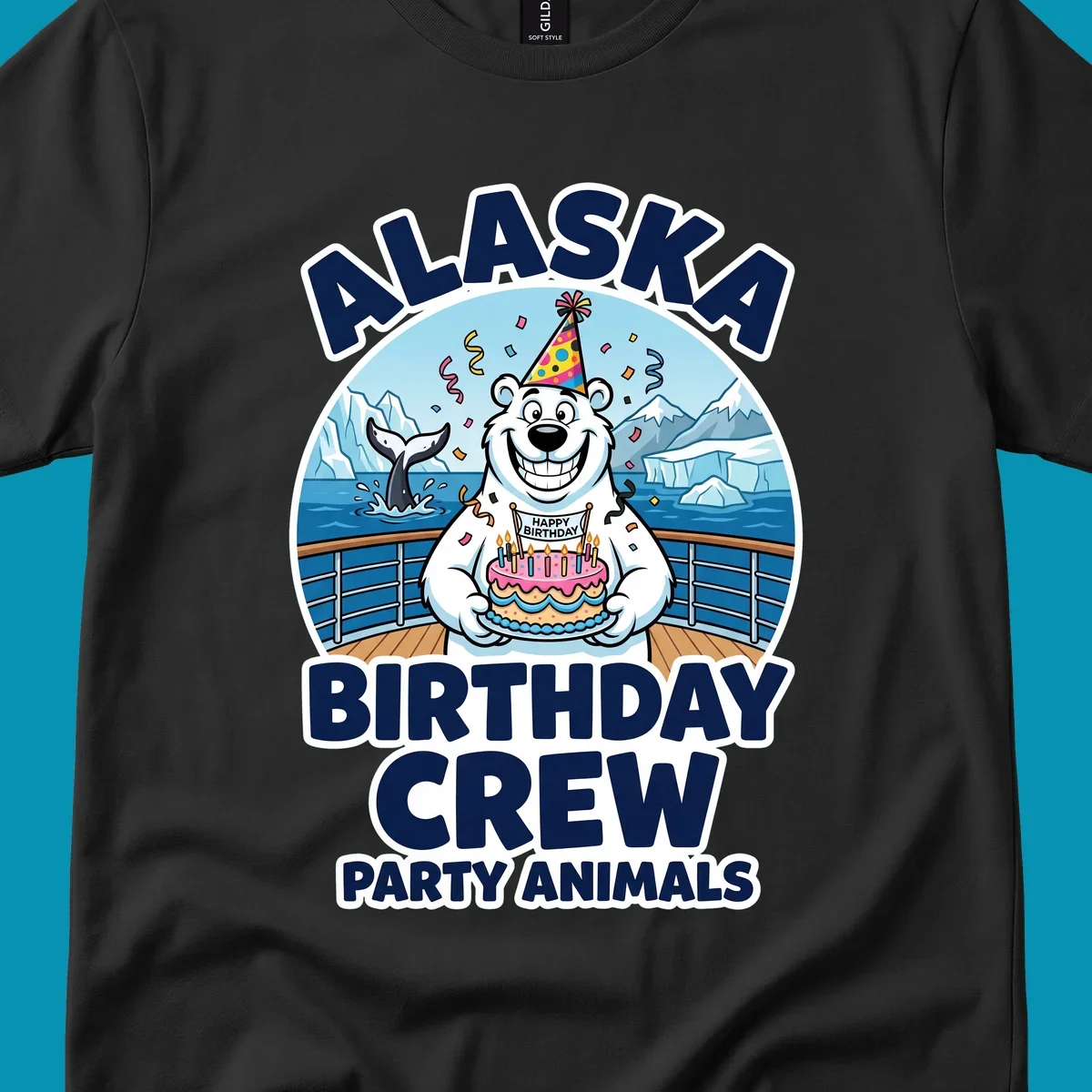 Smiling polar bear in party hat holding birthday cake on Alaska cruise ship deck with glaciers and whales