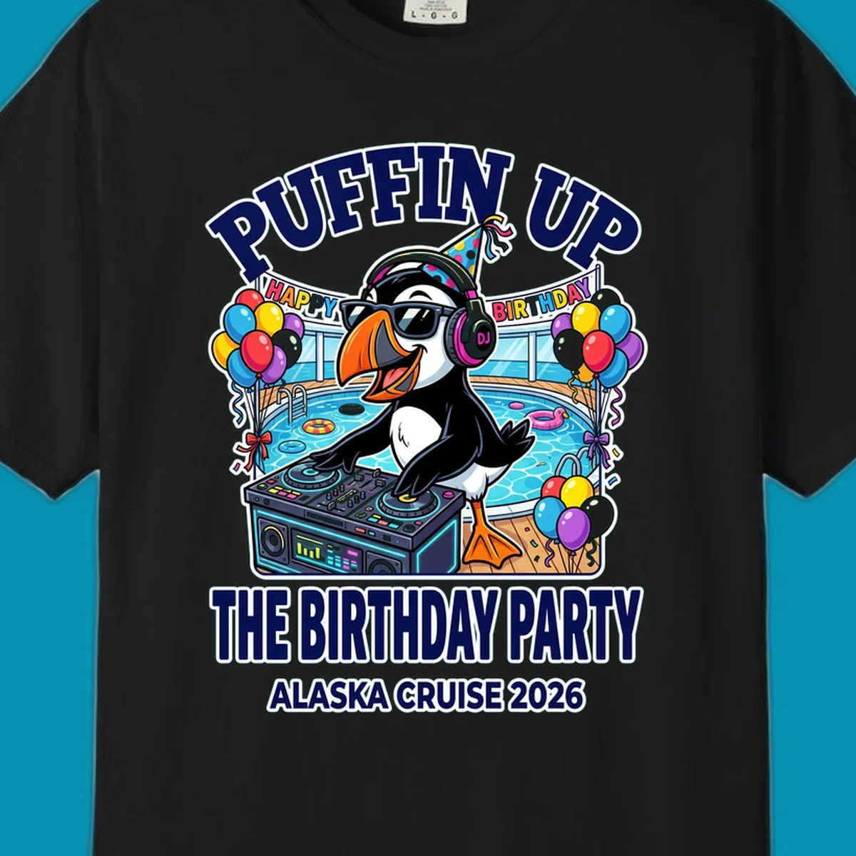 Cool puffin DJ wearing sunglasses and party hat spinning records on a cruise ship pool deck surrounded by balloons and party decorations for birthday celebration