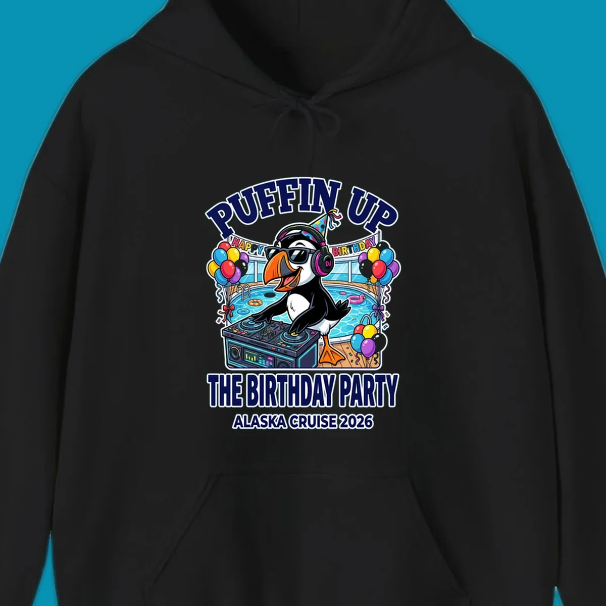 Cool puffin DJ wearing sunglasses and party hat spinning records on a cruise ship pool deck surrounded by balloons and party decorations for birthday celebration