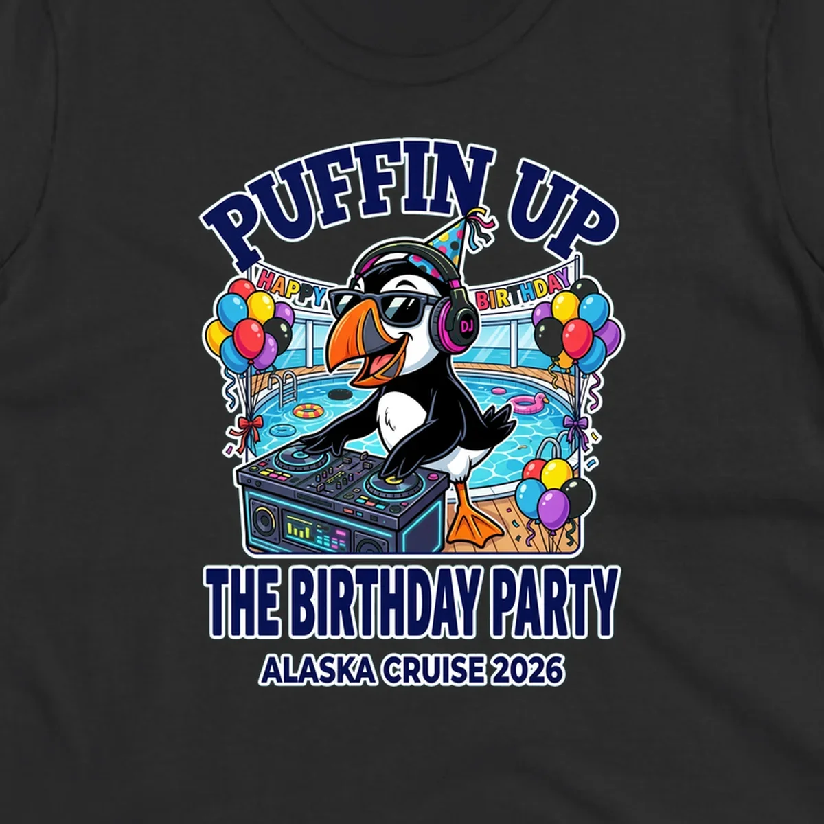 Cool puffin DJ wearing sunglasses and party hat spinning records on a cruise ship pool deck surrounded by balloons and party decorations for birthday celebration