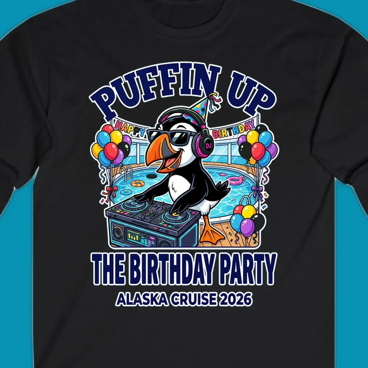 Cool puffin DJ wearing sunglasses and party hat spinning records on a cruise ship pool deck surrounded by balloons and party decorations for birthday celebration