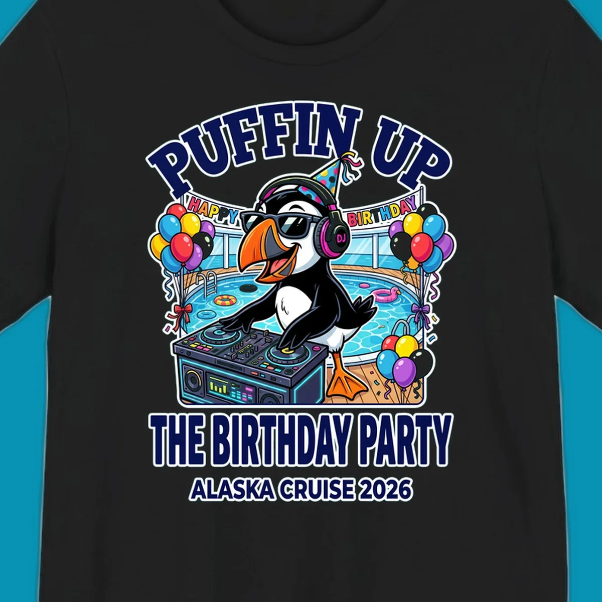 Cool puffin DJ wearing sunglasses and party hat spinning records on a cruise ship pool deck surrounded by balloons and party decorations for birthday celebration
