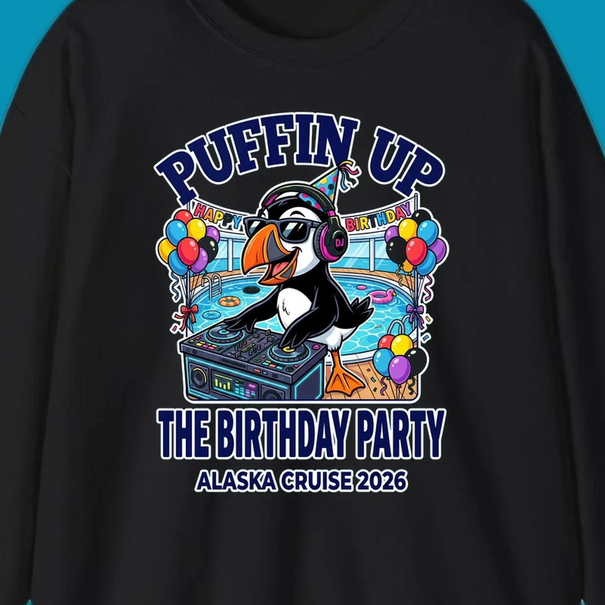 Cool puffin DJ wearing sunglasses and party hat spinning records on a cruise ship pool deck surrounded by balloons and party decorations for birthday celebration