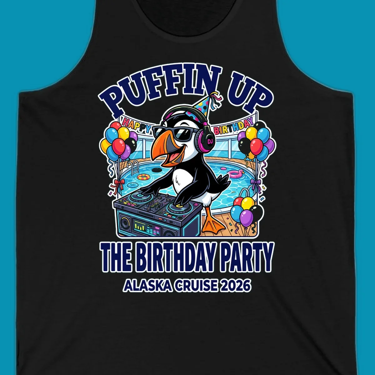 Cool puffin DJ wearing sunglasses and party hat spinning records on a cruise ship pool deck surrounded by balloons and party decorations for birthday celebration