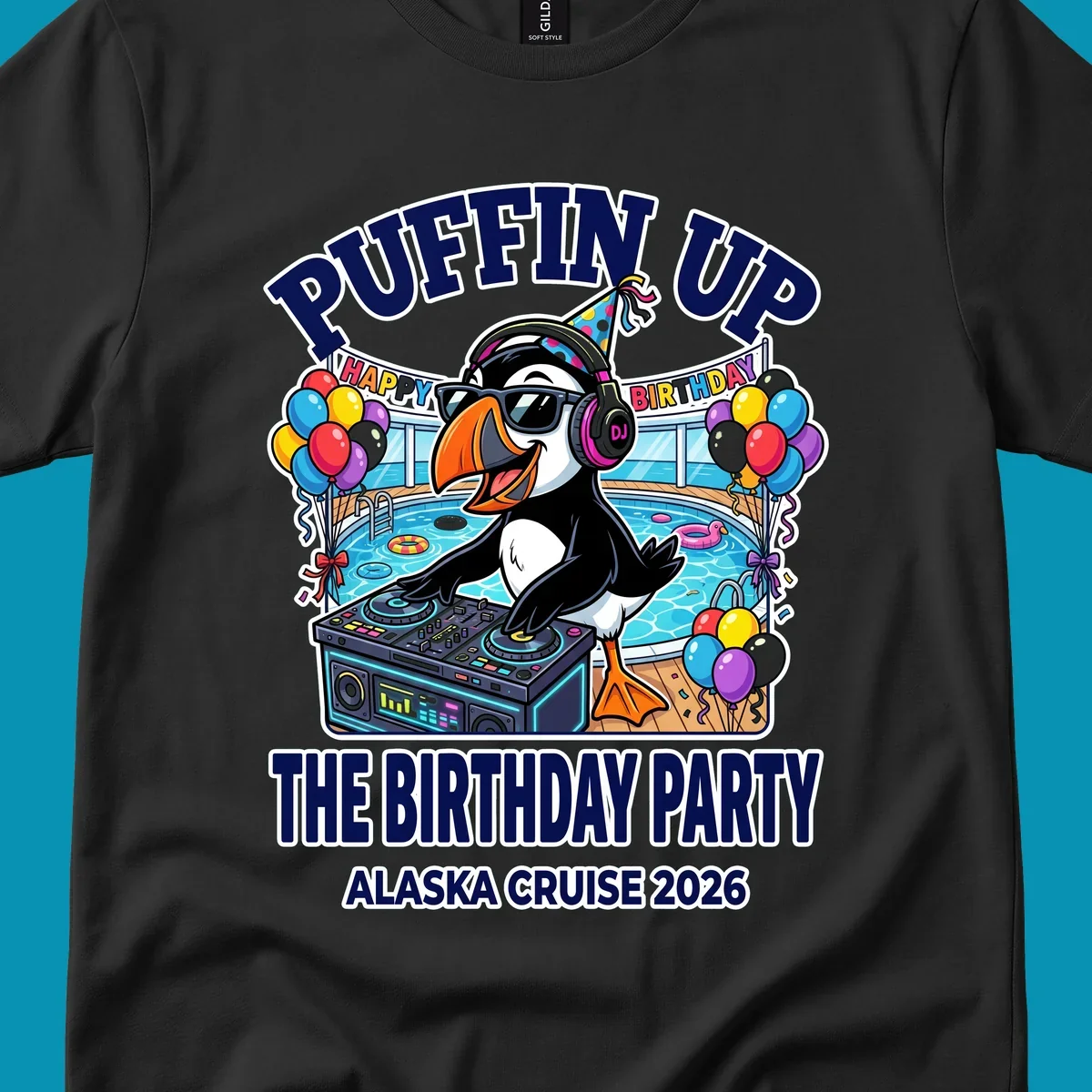Cool puffin DJ wearing sunglasses and party hat spinning records on a cruise ship pool deck surrounded by balloons and party decorations for birthday celebration