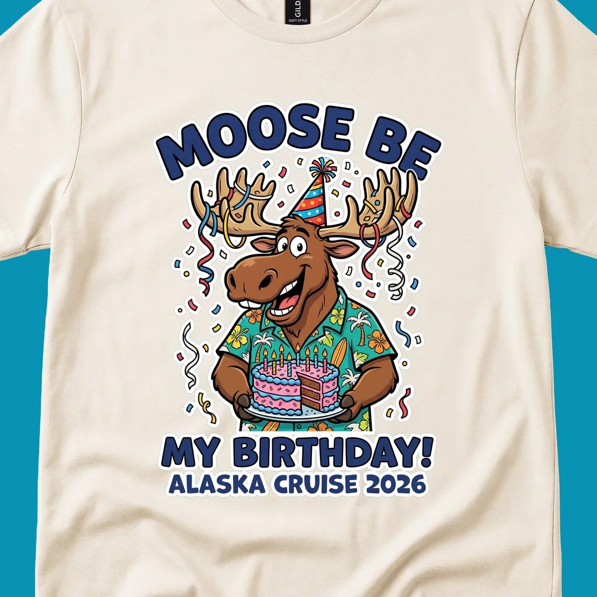 Cartoon moose in party hat holding birthday cake with confetti, 'Moose Be My Birthday Alaska Cruise 2026' text