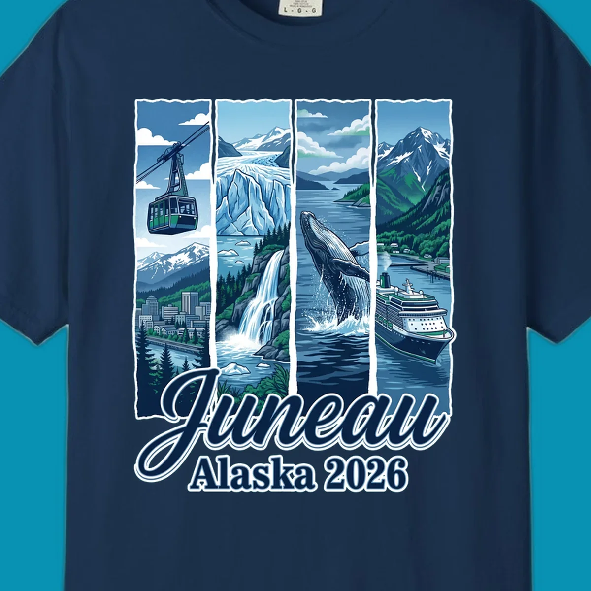 Juneau Alaska cruise collage featuring cable car, glacier, breaching whale, and cruise ship with snowy mountains