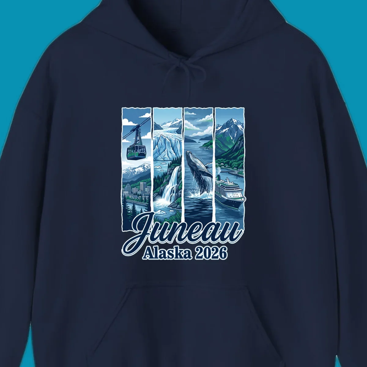 Juneau Alaska cruise collage featuring cable car, glacier, breaching whale, and cruise ship with snowy mountains