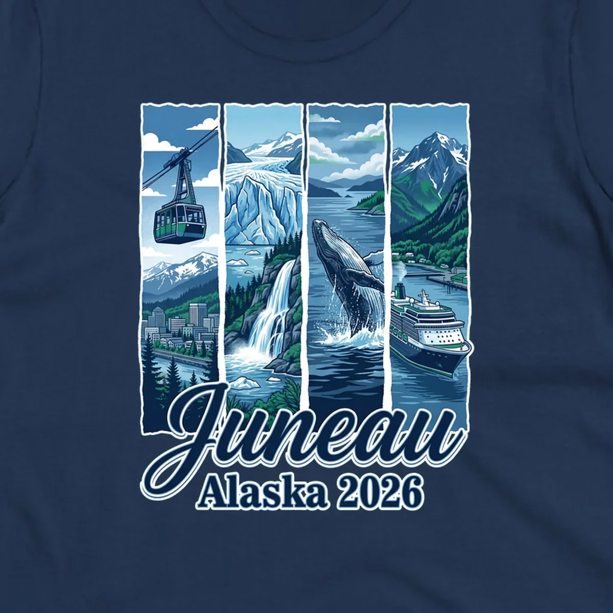 Juneau Alaska cruise collage featuring cable car, glacier, breaching whale, and cruise ship with snowy mountains