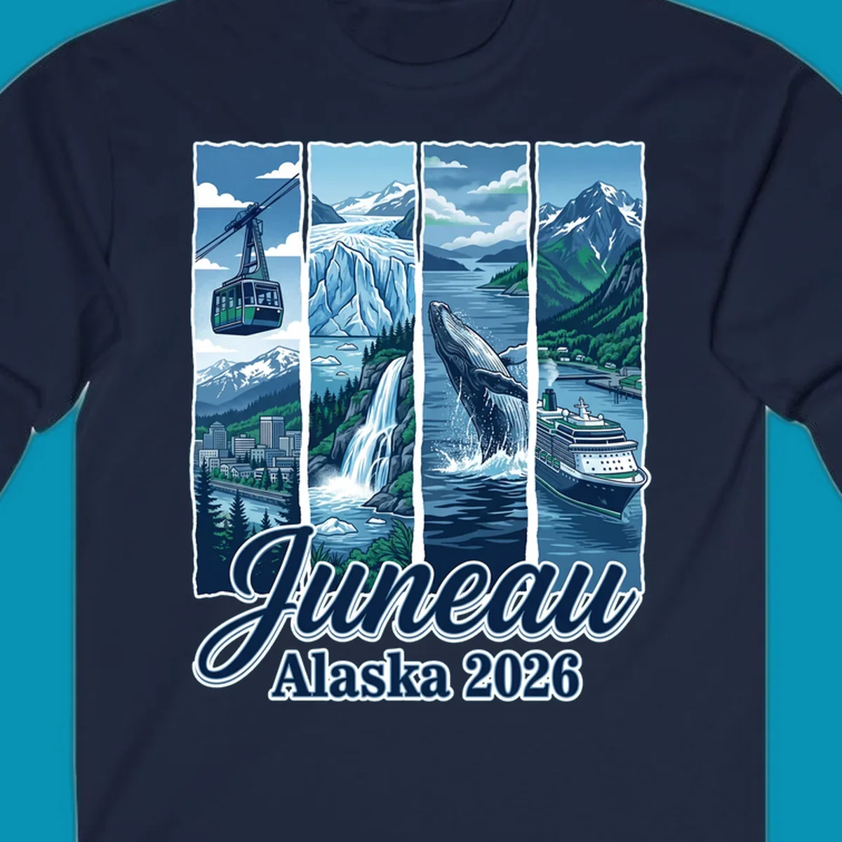 Juneau Alaska cruise collage featuring cable car, glacier, breaching whale, and cruise ship with snowy mountains