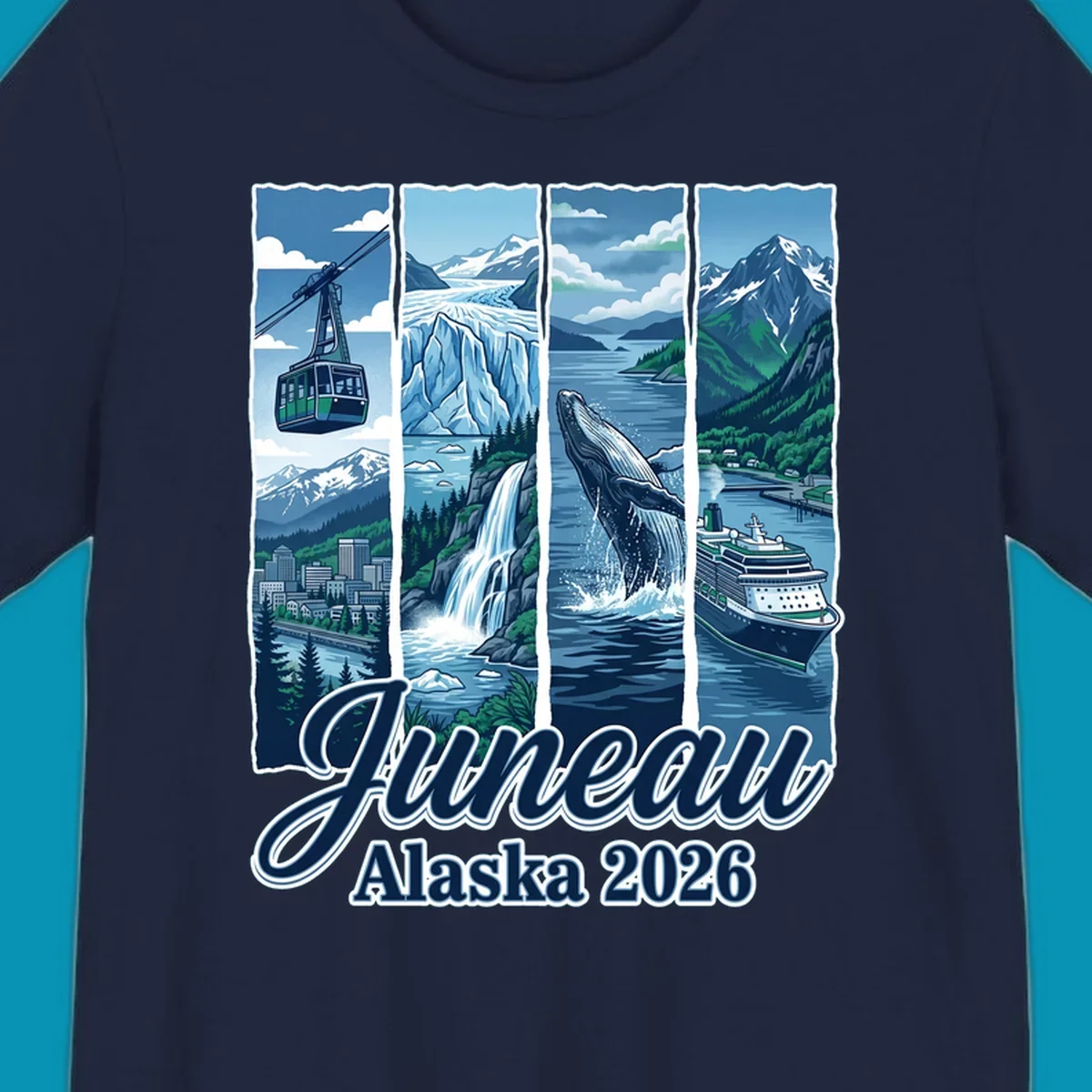 Juneau Alaska cruise collage featuring cable car, glacier, breaching whale, and cruise ship with snowy mountains