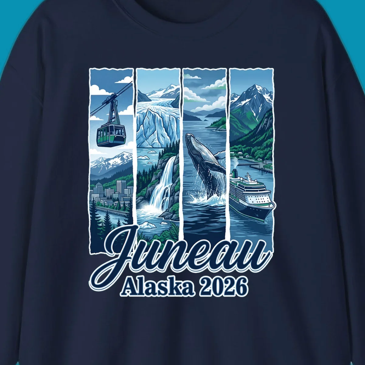 Juneau Alaska cruise collage featuring cable car, glacier, breaching whale, and cruise ship with snowy mountains