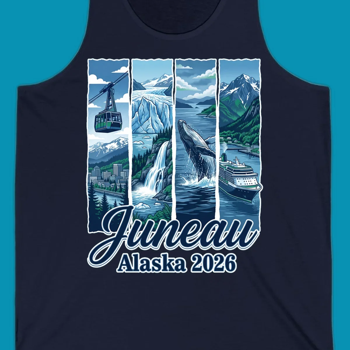 Juneau Alaska cruise collage featuring cable car, glacier, breaching whale, and cruise ship with snowy mountains