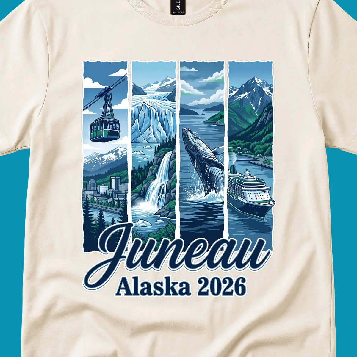 Juneau Alaska cruise collage featuring cable car, glacier, breaching whale, and cruise ship with snowy mountains