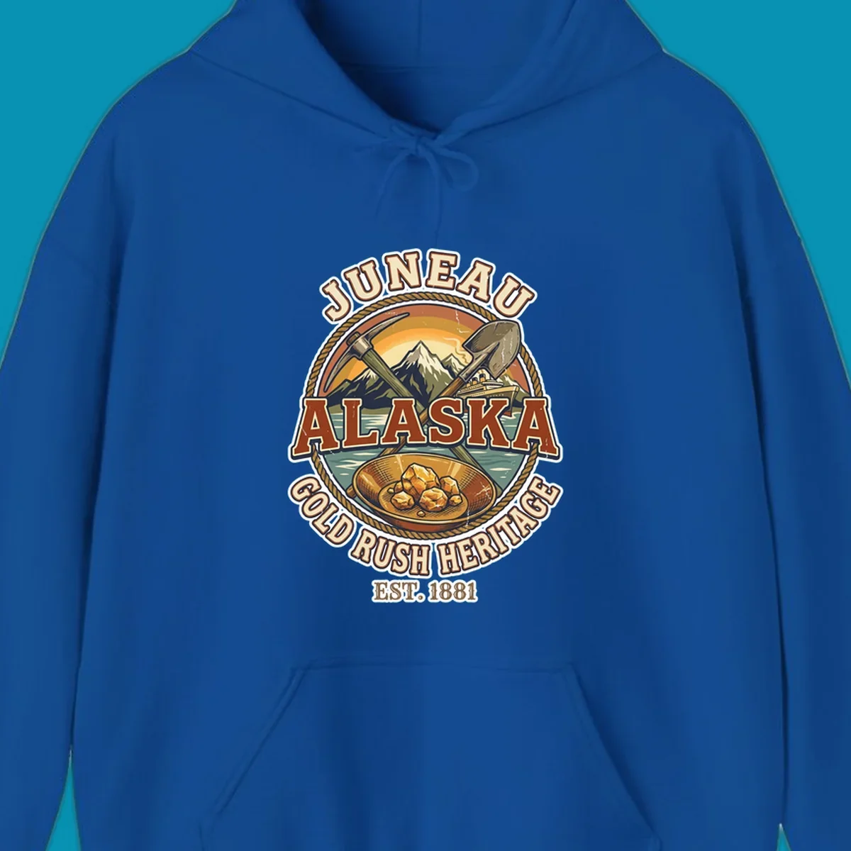 Juneau gold rush heritage vintage badge with pickaxe, shovel, mountains, cruise ship, and gold nuggets, established 1881