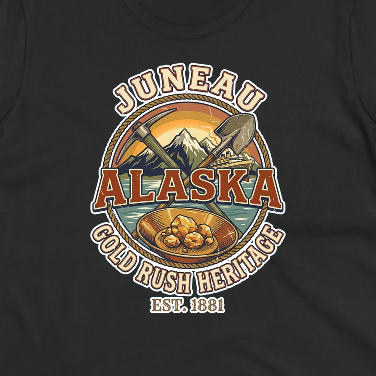Juneau gold rush heritage vintage badge with pickaxe, shovel, mountains, cruise ship, and gold nuggets, established 1881