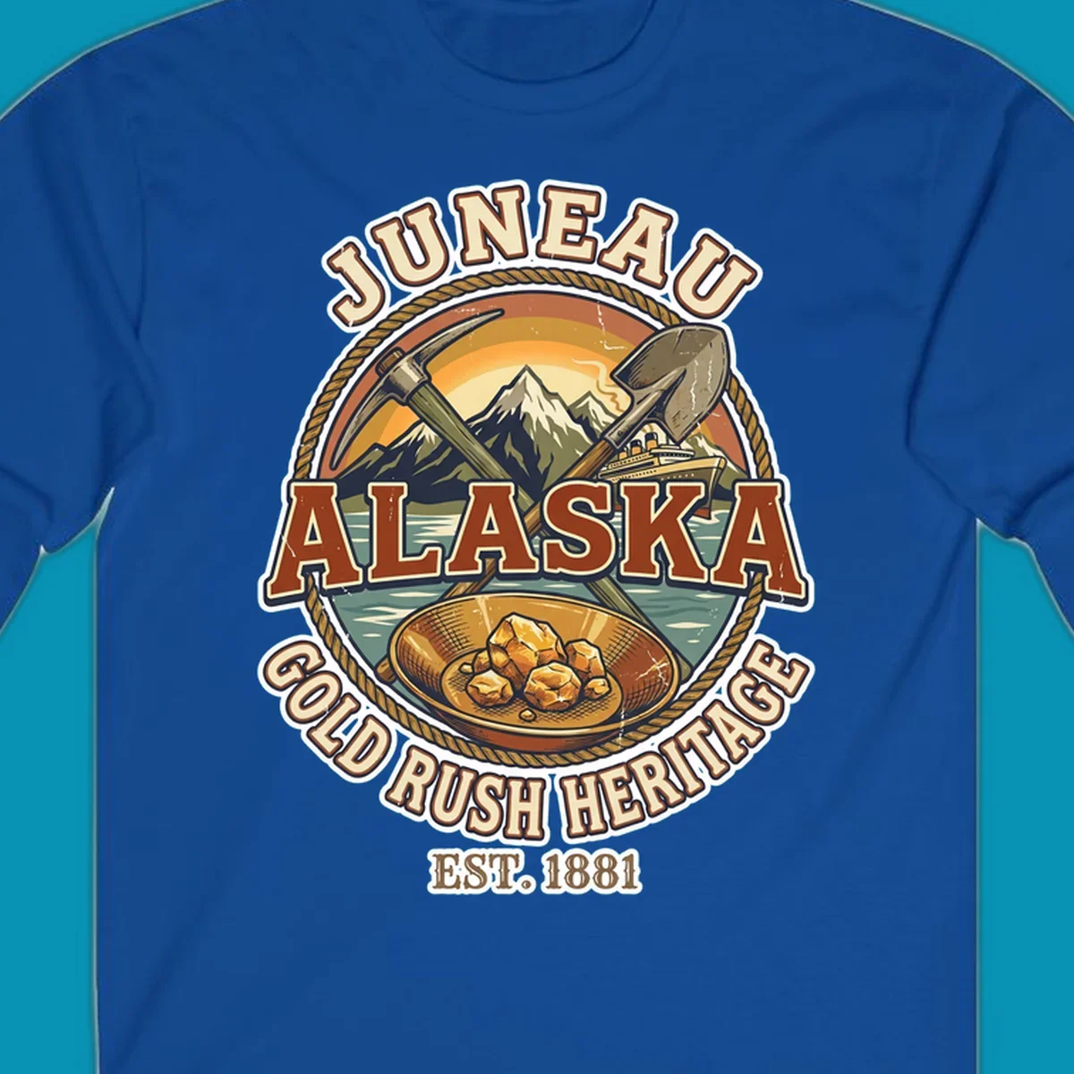 Juneau gold rush heritage vintage badge with pickaxe, shovel, mountains, cruise ship, and gold nuggets, established 1881
