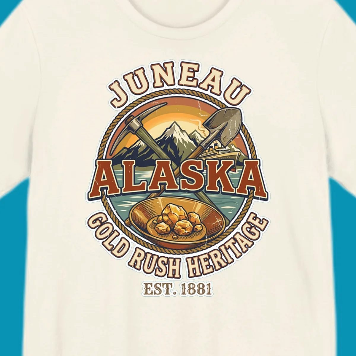 Juneau gold rush heritage vintage badge with pickaxe, shovel, mountains, cruise ship, and gold nuggets, established 1881