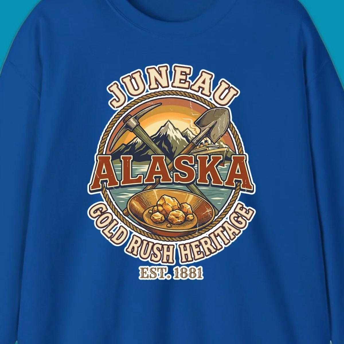 Juneau gold rush heritage vintage badge with pickaxe, shovel, mountains, cruise ship, and gold nuggets, established 1881