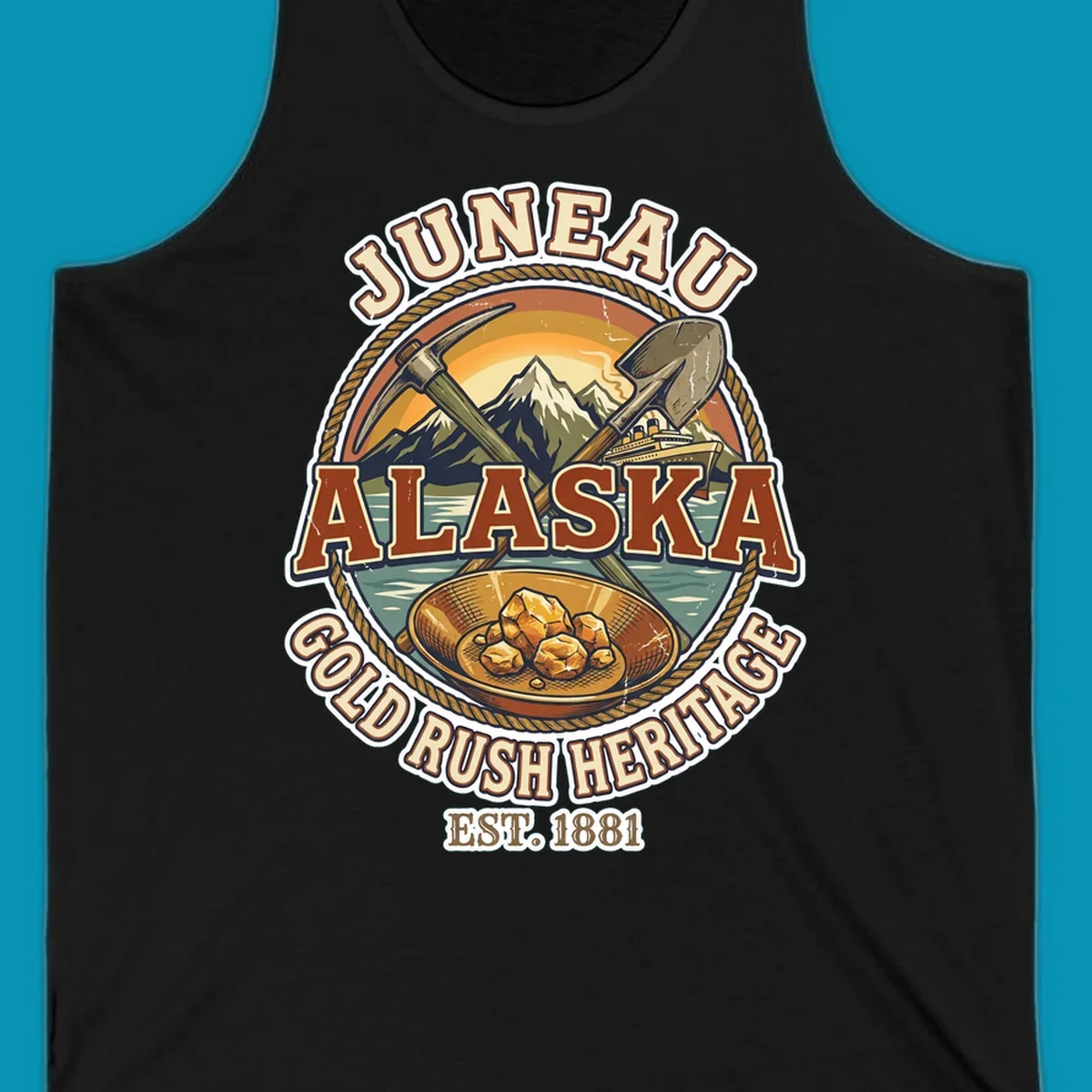 Juneau gold rush heritage vintage badge with pickaxe, shovel, mountains, cruise ship, and gold nuggets, established 1881