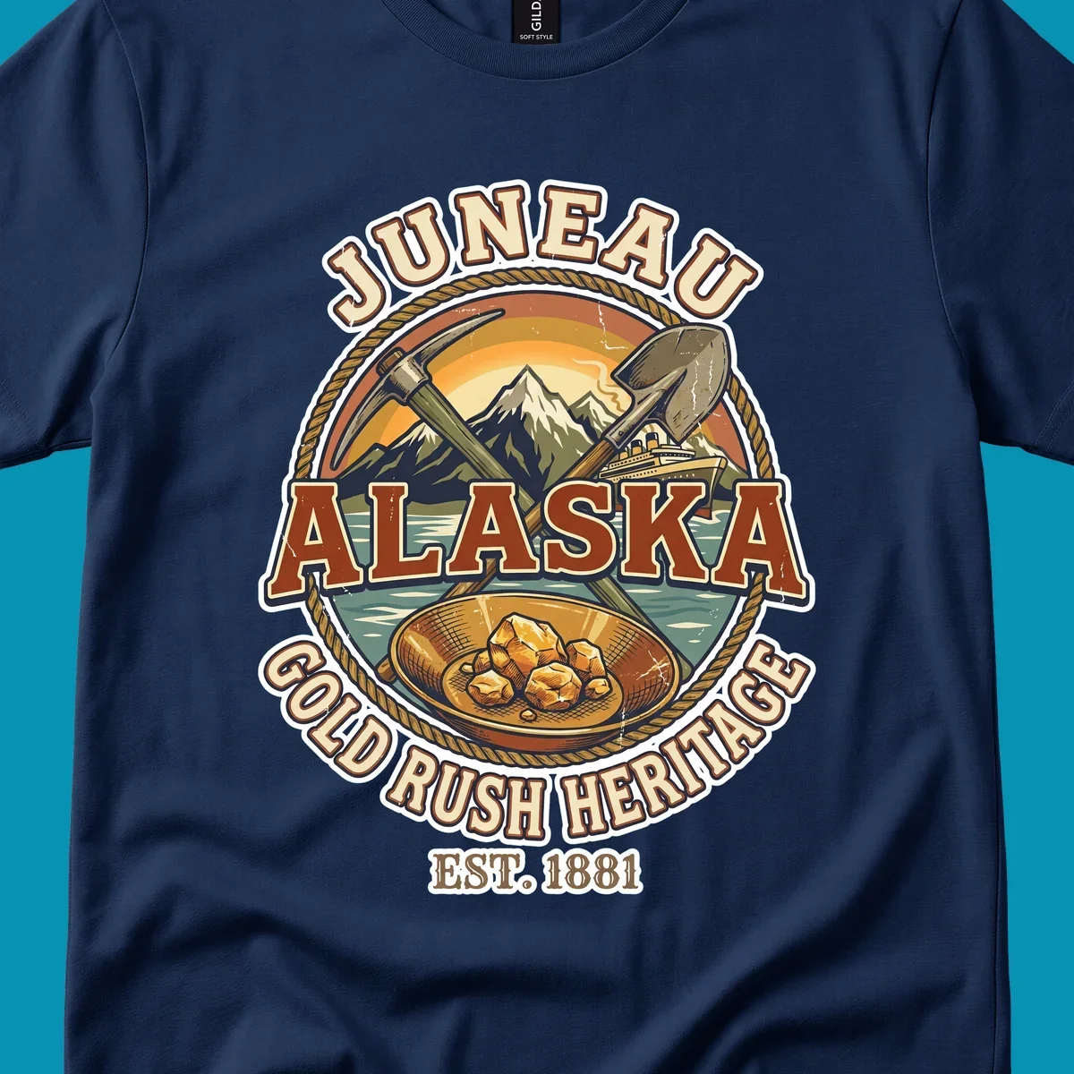 Juneau gold rush heritage vintage badge with pickaxe, shovel, mountains, cruise ship, and gold nuggets, established 1881