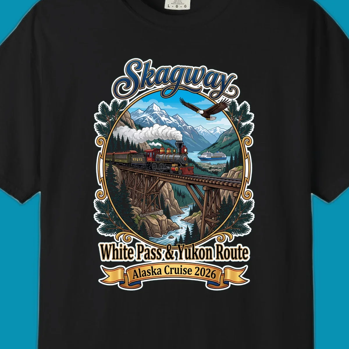 Vintage illustration of Skagway White Pass Yukon Route steam locomotive crossing wooden bridge with mountains, eagle, and cruise ship