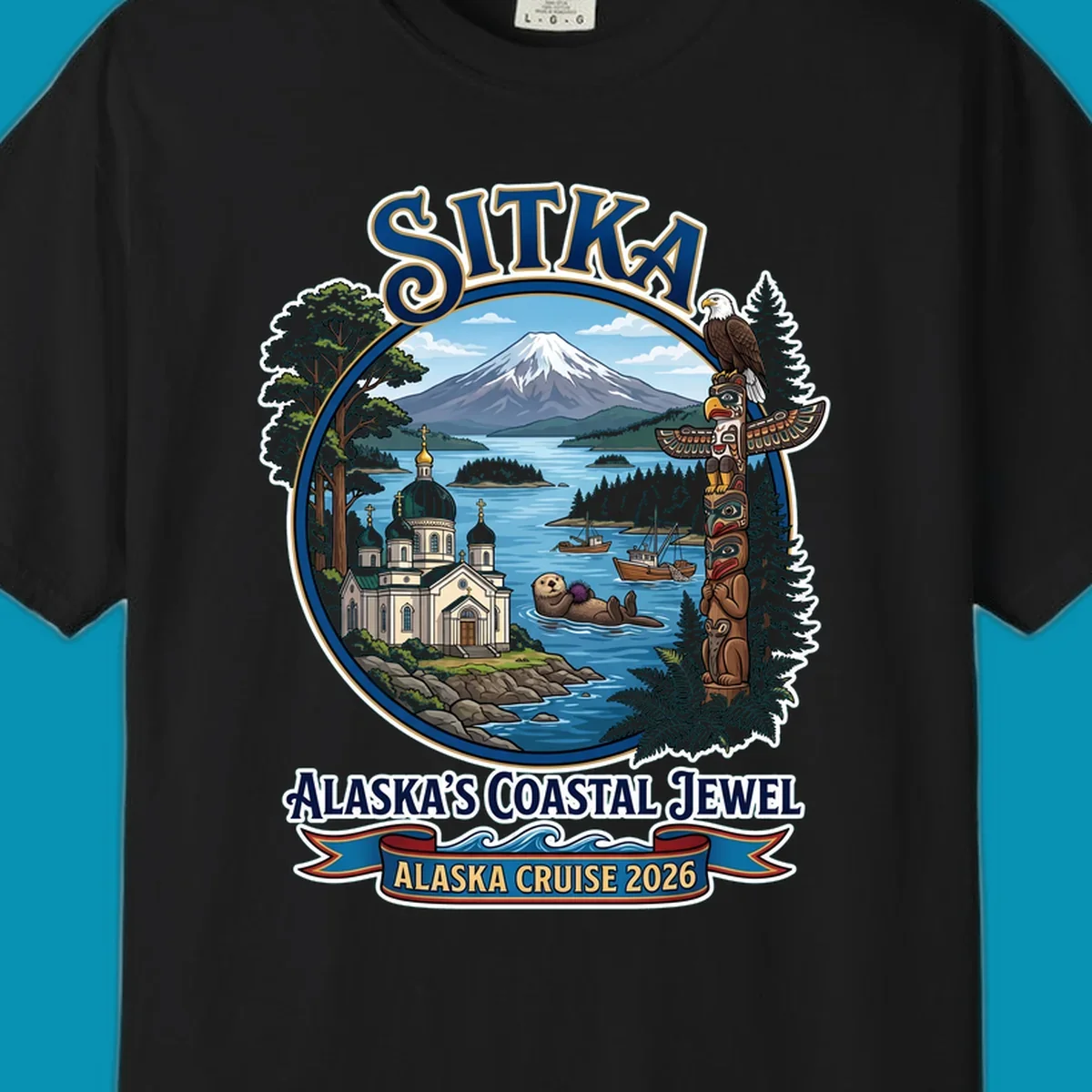 Sitka Alaska's Coastal Jewel badge design featuring snow-capped mountain, Russian Orthodox cathedral, totem pole, sea otter, and sailing ships surrounded by evergreen forests and coastal waters.