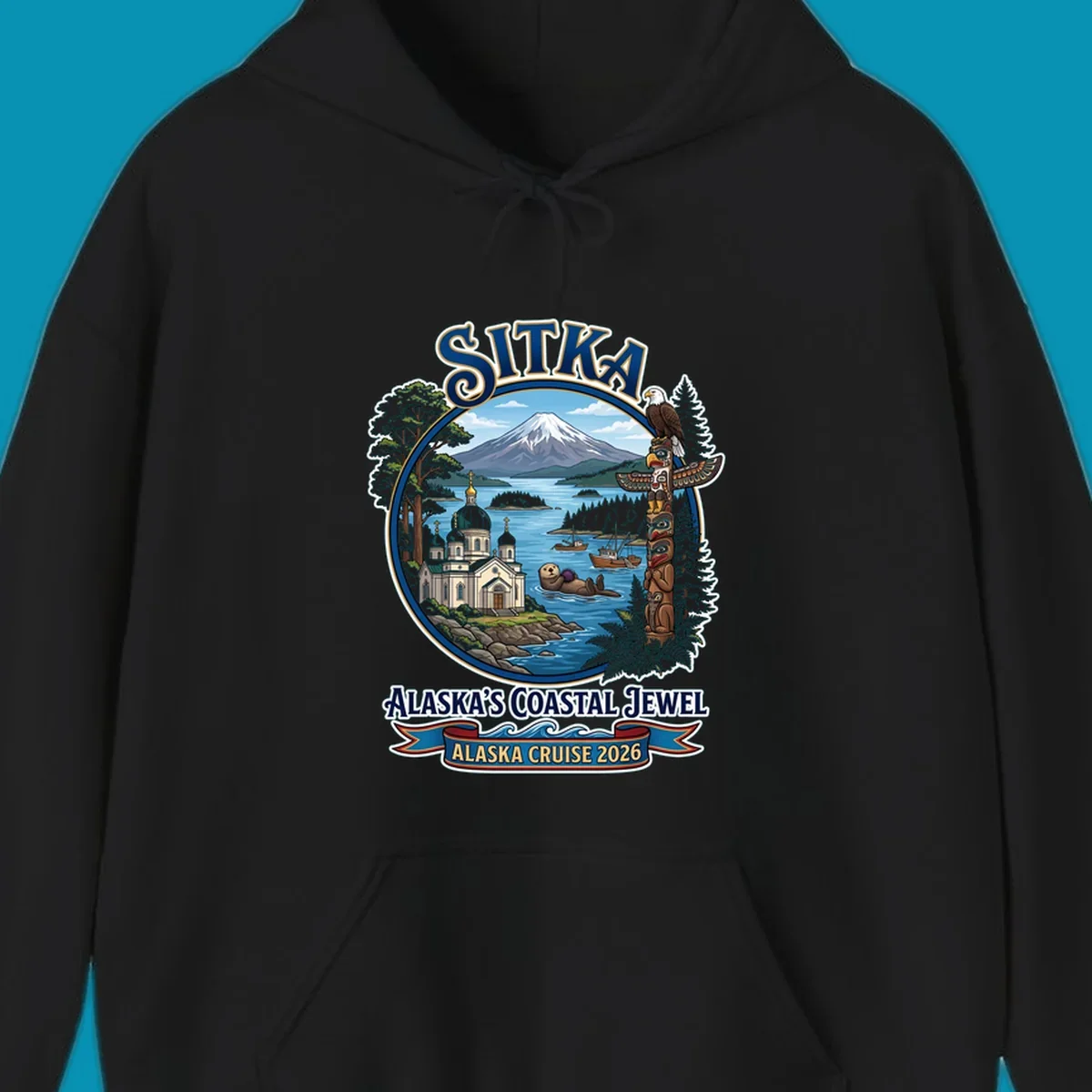 Sitka Alaska's Coastal Jewel badge design featuring snow-capped mountain, Russian Orthodox cathedral, totem pole, sea otter, and sailing ships surrounded by evergreen forests and coastal waters.
