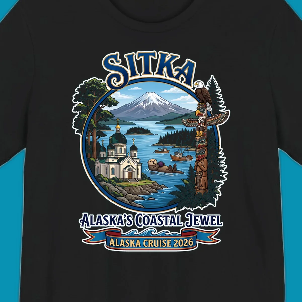Sitka Alaska's Coastal Jewel badge design featuring snow-capped mountain, Russian Orthodox cathedral, totem pole, sea otter, and sailing ships surrounded by evergreen forests and coastal waters.