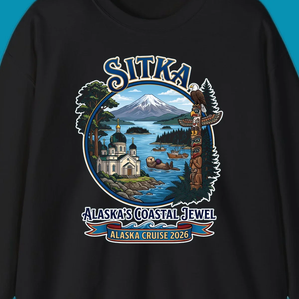 Sitka Alaska's Coastal Jewel badge design featuring snow-capped mountain, Russian Orthodox cathedral, totem pole, sea otter, and sailing ships surrounded by evergreen forests and coastal waters.