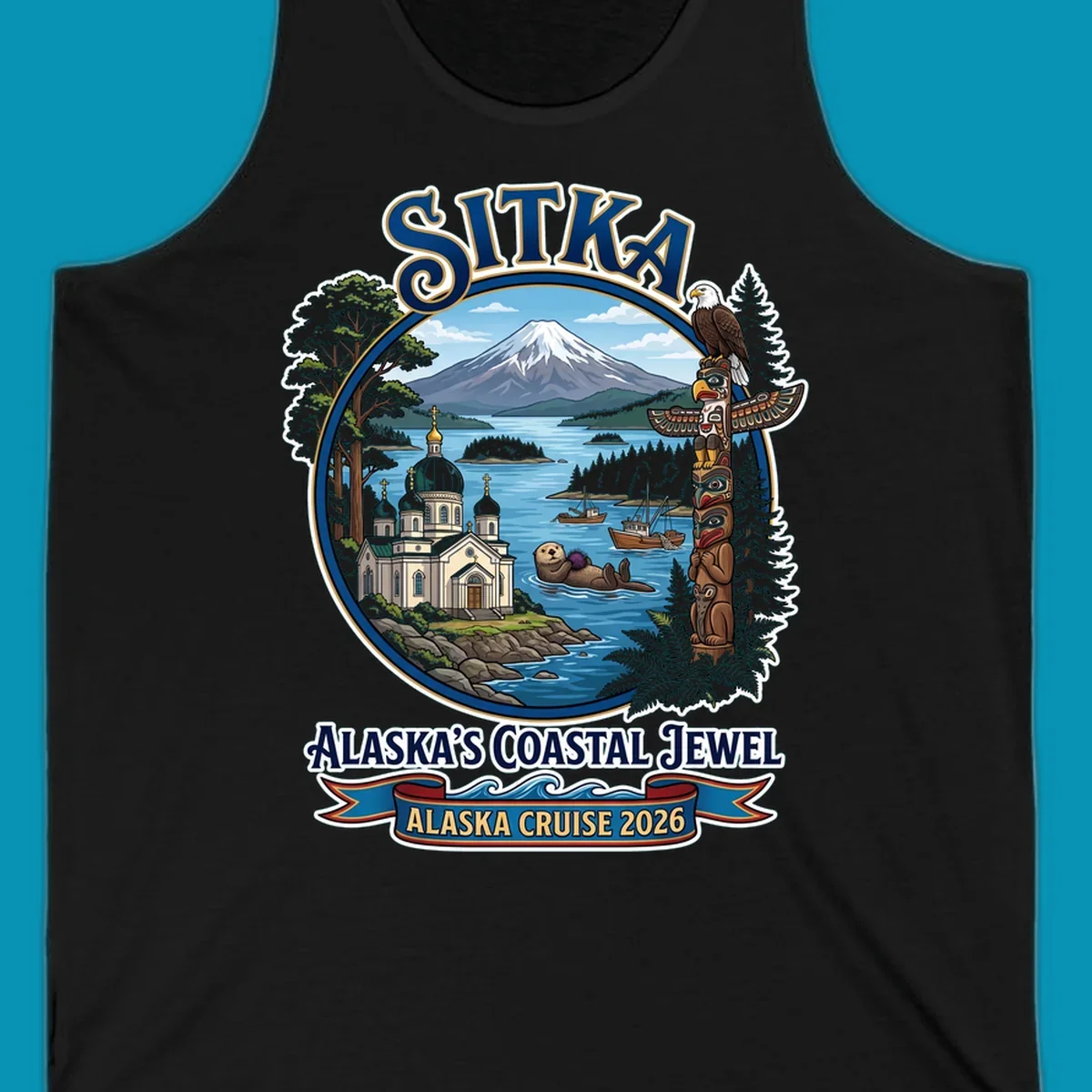 Sitka Alaska's Coastal Jewel badge design featuring snow-capped mountain, Russian Orthodox cathedral, totem pole, sea otter, and sailing ships surrounded by evergreen forests and coastal waters.