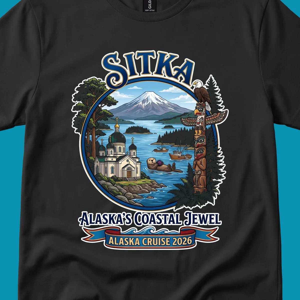 Sitka Alaska's Coastal Jewel badge design featuring snow-capped mountain, Russian Orthodox cathedral, totem pole, sea otter, and sailing ships surrounded by evergreen forests and coastal waters.
