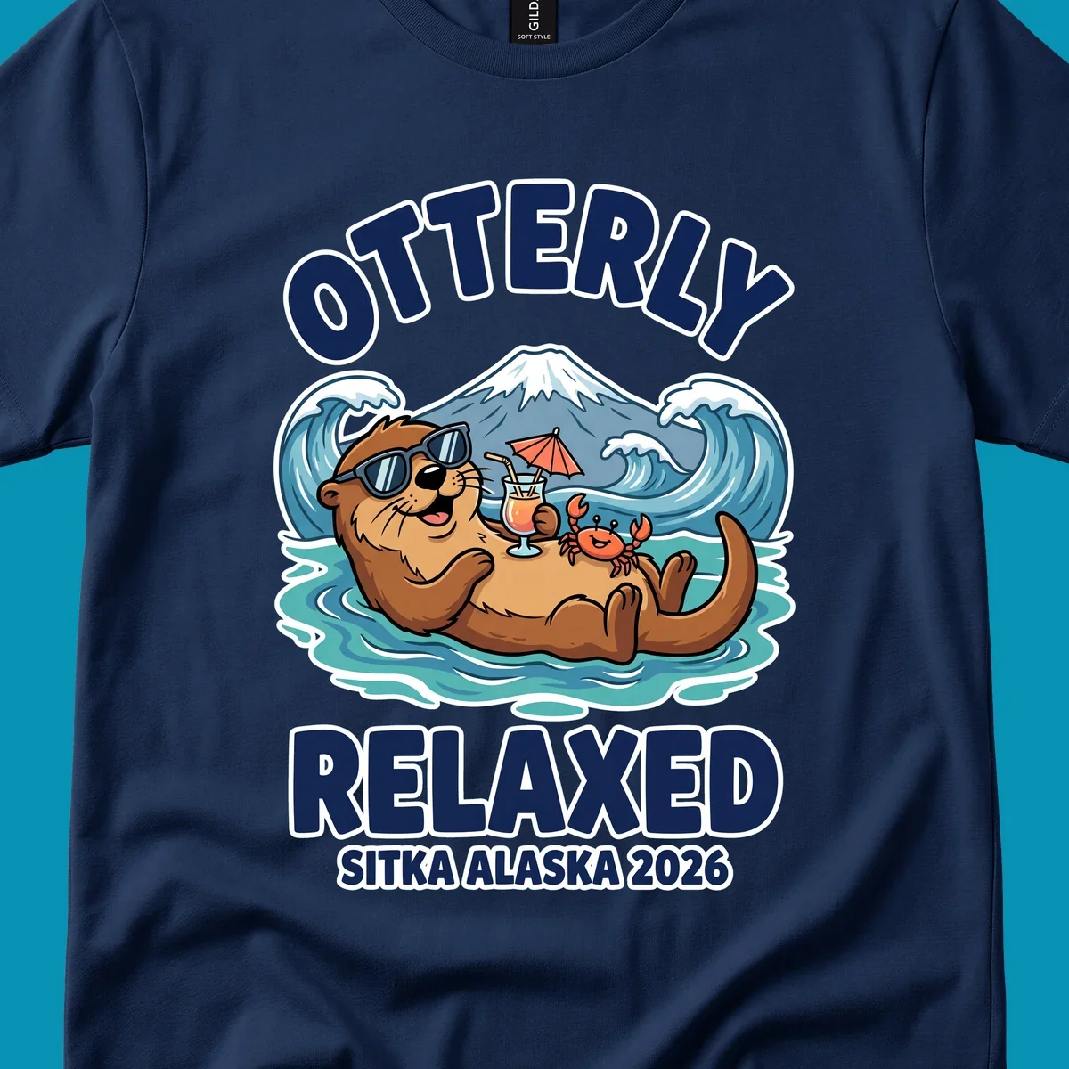 Cartoon sea otter wearing sunglasses holding tropical drink in ocean with mountain, text reads Otterly Relaxed Sitka Alaska 2026