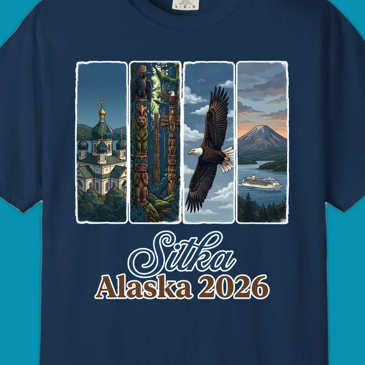 Four-panel Sitka Alaska 2026 design featuring Russian Orthodox cathedral, totem poles, bald eagle, and Mount Edgecumbe volcano with cruise ship