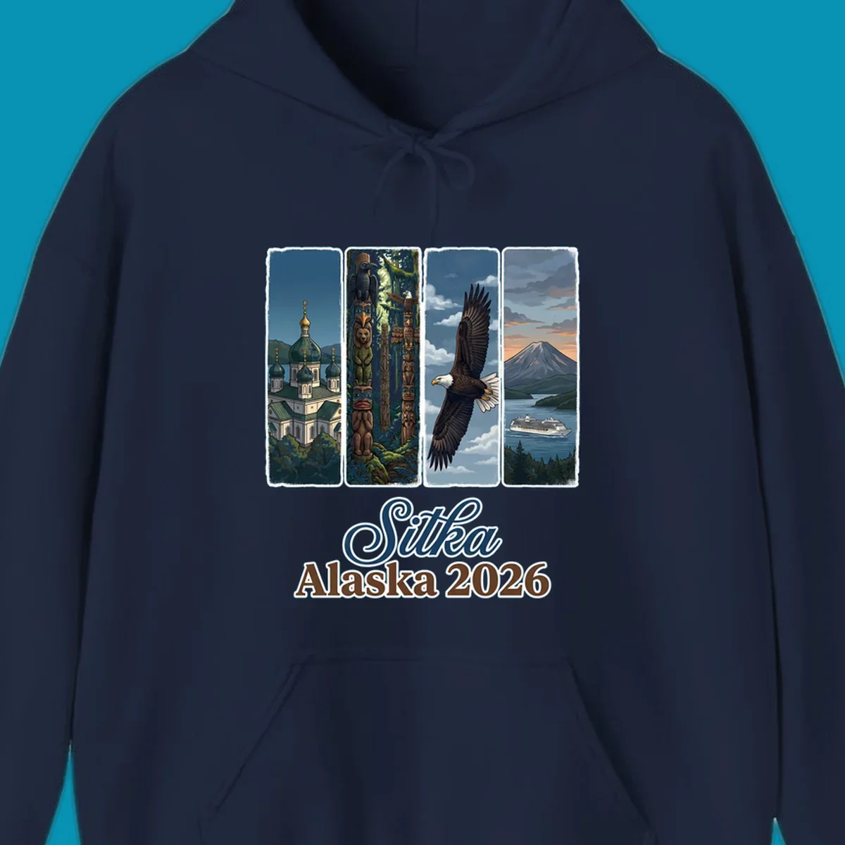 Four-panel Sitka Alaska 2026 design featuring Russian Orthodox cathedral, totem poles, bald eagle, and Mount Edgecumbe volcano with cruise ship