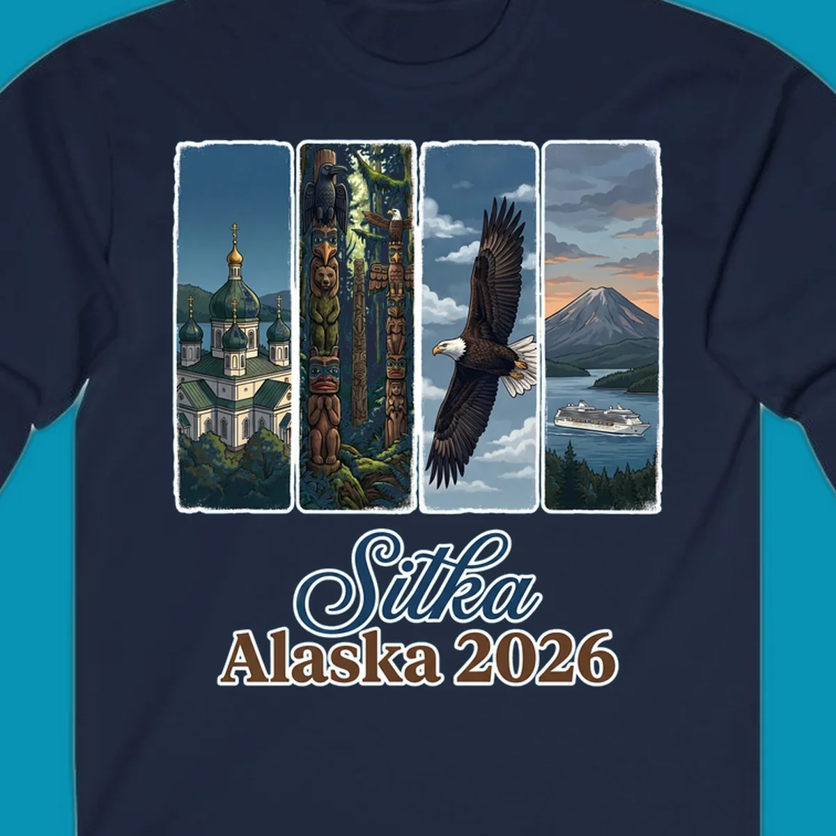 Four-panel Sitka Alaska 2026 design featuring Russian Orthodox cathedral, totem poles, bald eagle, and Mount Edgecumbe volcano with cruise ship