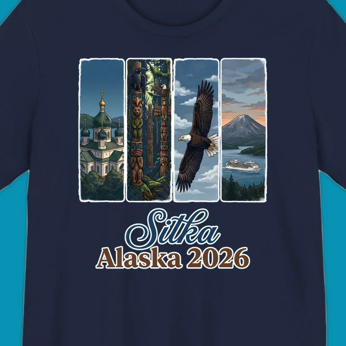 Four-panel Sitka Alaska 2026 design featuring Russian Orthodox cathedral, totem poles, bald eagle, and Mount Edgecumbe volcano with cruise ship