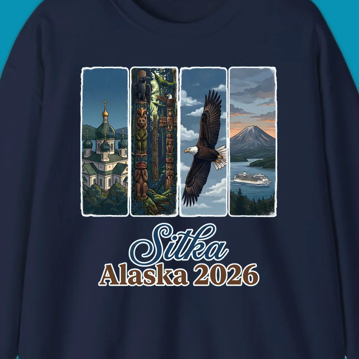Four-panel Sitka Alaska 2026 design featuring Russian Orthodox cathedral, totem poles, bald eagle, and Mount Edgecumbe volcano with cruise ship