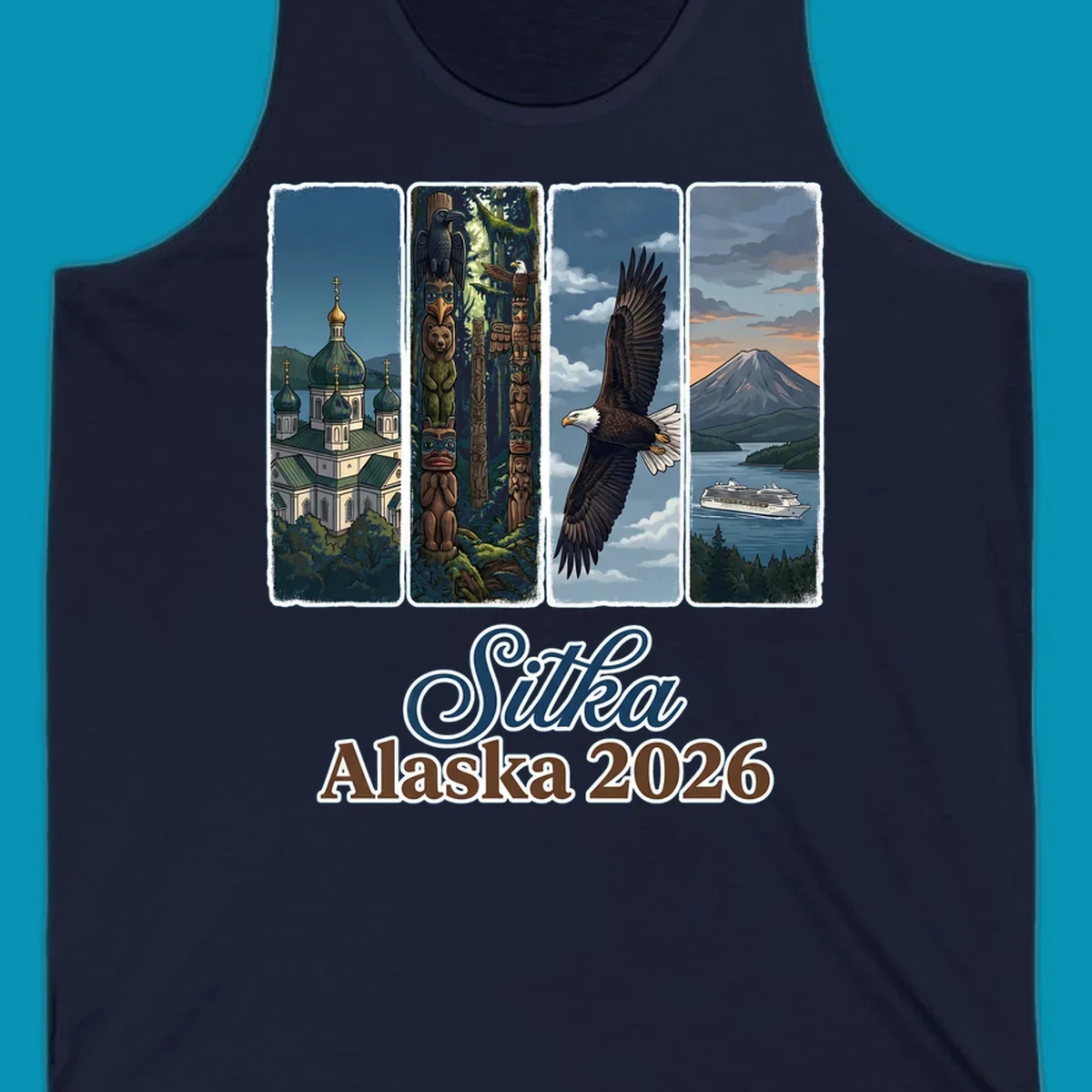 Four-panel Sitka Alaska 2026 design featuring Russian Orthodox cathedral, totem poles, bald eagle, and Mount Edgecumbe volcano with cruise ship