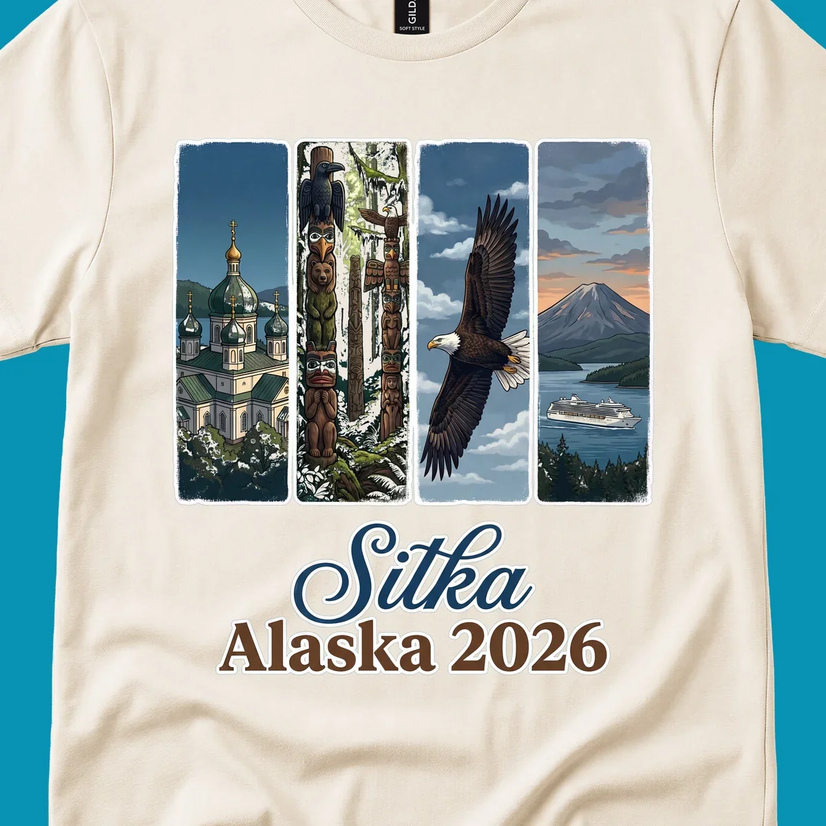 Four-panel Sitka Alaska 2026 design featuring Russian Orthodox cathedral, totem poles, bald eagle, and Mount Edgecumbe volcano with cruise ship