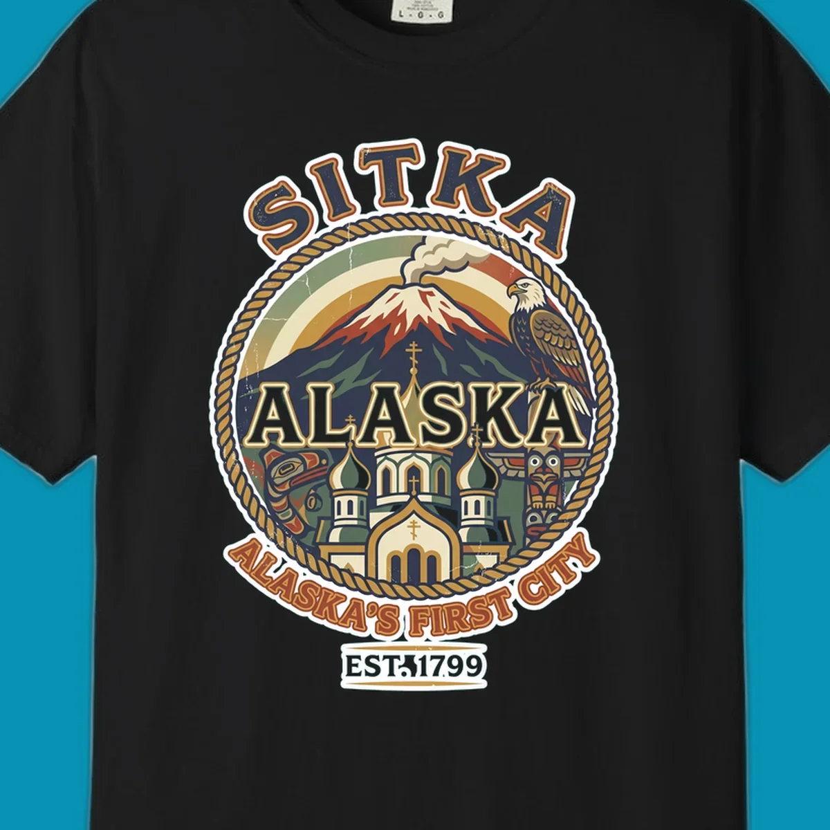 Vintage circular badge design for Sitka Alaska's First City, featuring snow-capped mountain, Russian Orthodox church, bald eagle, and totem pole, established 1799.