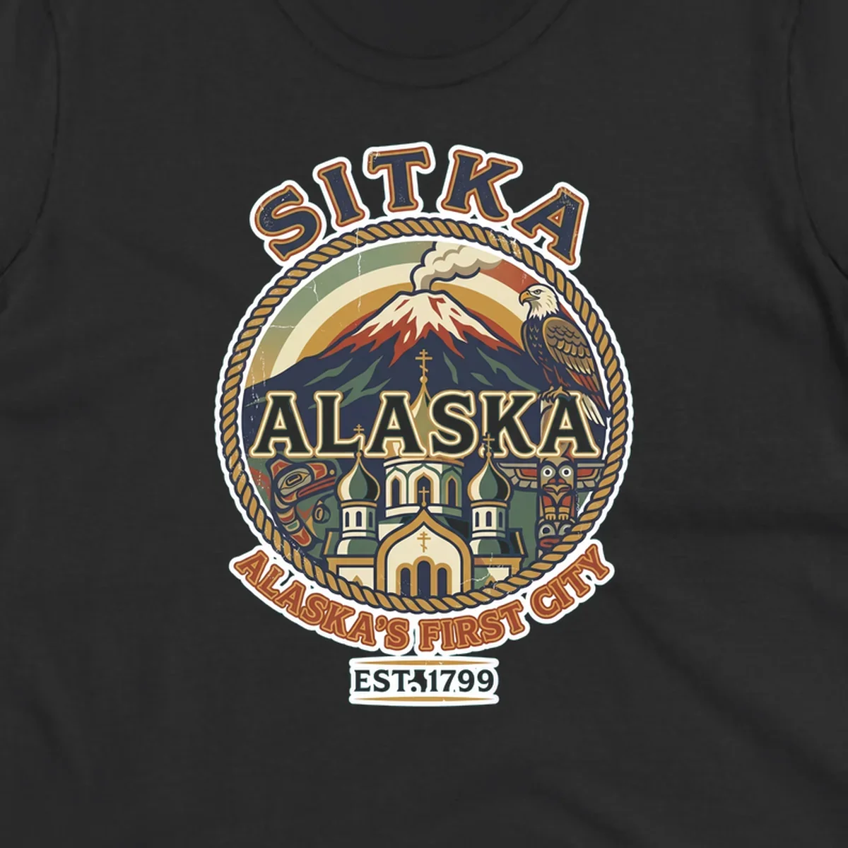 Vintage circular badge design for Sitka Alaska's First City, featuring snow-capped mountain, Russian Orthodox church, bald eagle, and totem pole, established 1799.