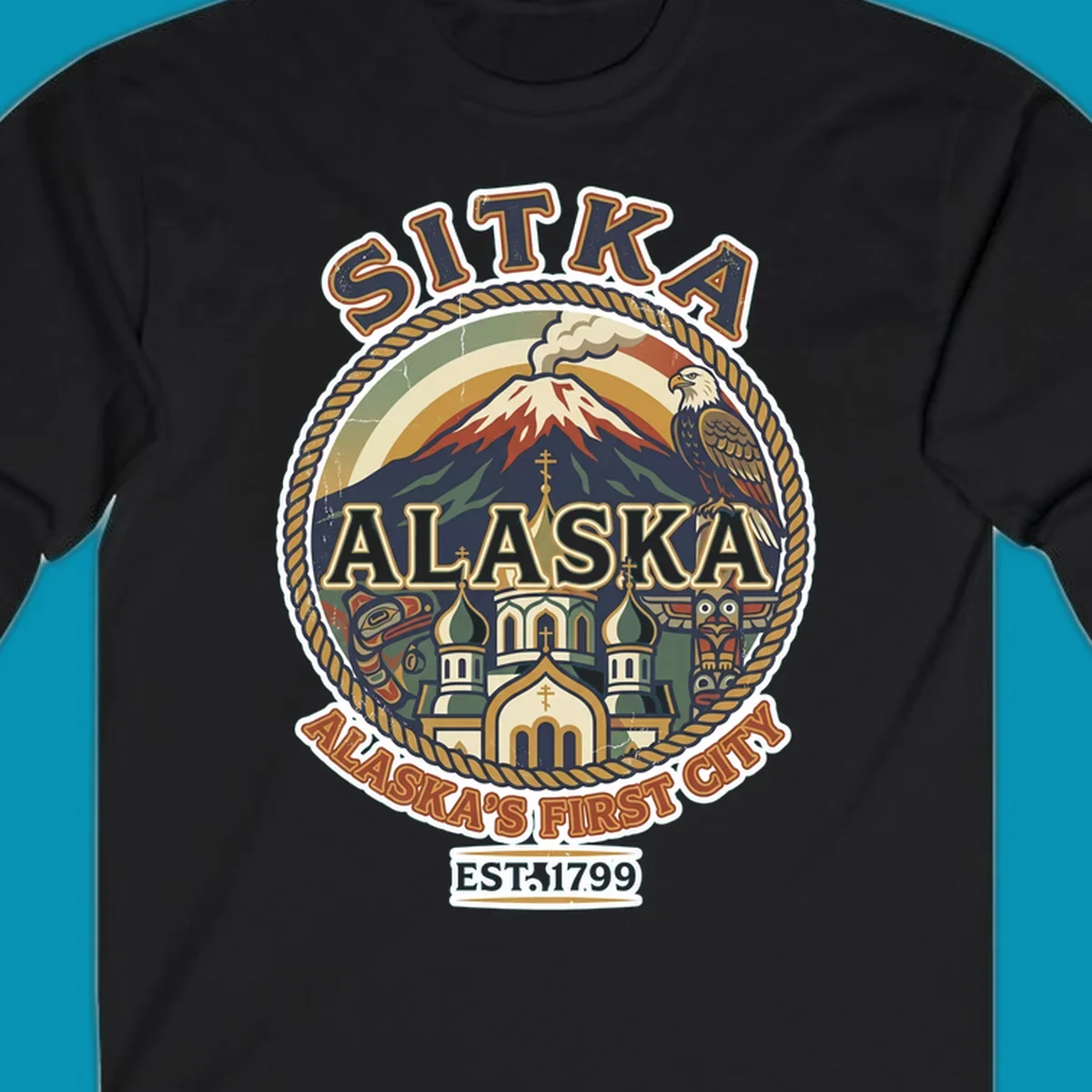 Vintage circular badge design for Sitka Alaska's First City, featuring snow-capped mountain, Russian Orthodox church, bald eagle, and totem pole, established 1799.