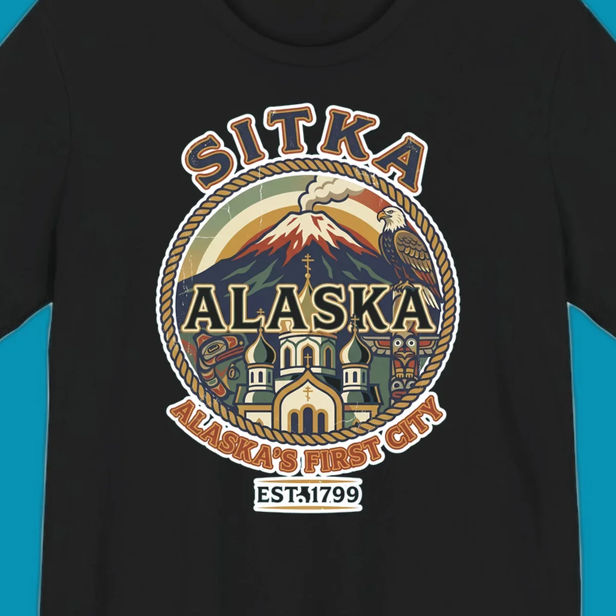 Vintage circular badge design for Sitka Alaska's First City, featuring snow-capped mountain, Russian Orthodox church, bald eagle, and totem pole, established 1799.
