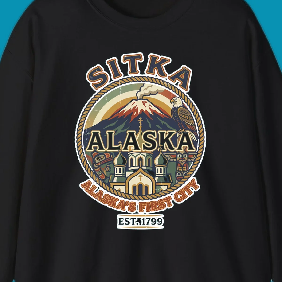 Vintage circular badge design for Sitka Alaska's First City, featuring snow-capped mountain, Russian Orthodox church, bald eagle, and totem pole, established 1799.