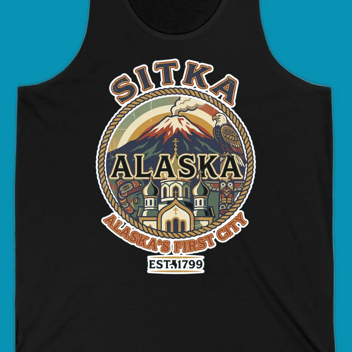 Vintage circular badge design for Sitka Alaska's First City, featuring snow-capped mountain, Russian Orthodox church, bald eagle, and totem pole, established 1799.